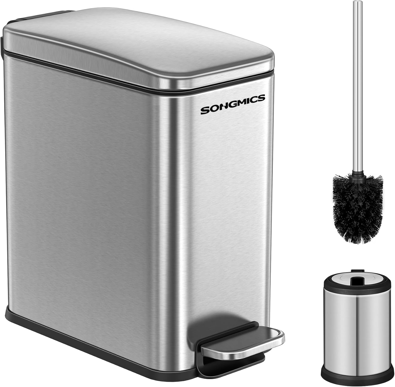 SONGMICS Bathroom Trash Can and Toilet Brush Set, 1.3 Gallon Small Trash Bin with Lid, Slim for Small Spaces, Stainless Steel Garbage Can, Soft Close, Silver ULTB560E0501