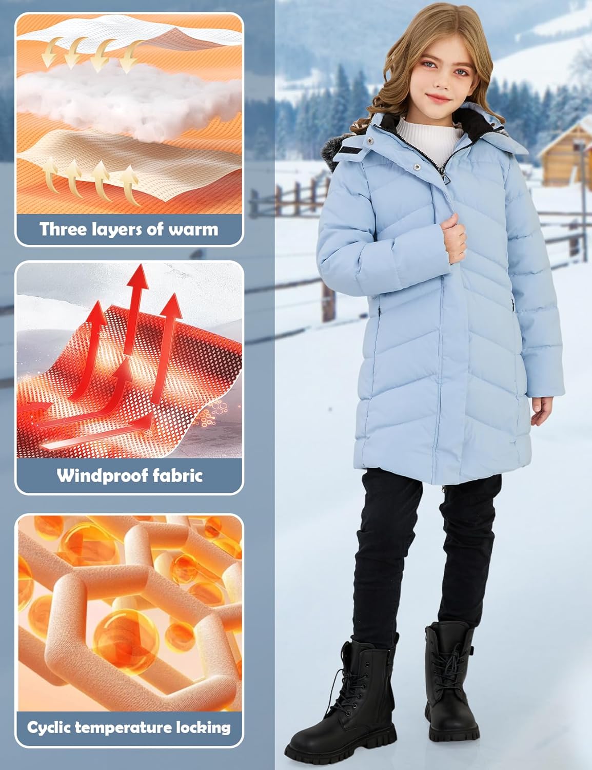 Yimoon Girl's Winter Coat Water-Resistant Warm Long Quilted Puffer Jacket Fleece Lined Hooded Parka Snow Coats - Image 3