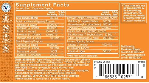 Miniatura 2 de The Vitamin Shoppe Digest Extra Enzymes - Apoyo Digestivo Avanzado  Grasa Proteína Láctea Gluten  30 Cápsulas Vegetales  Integral