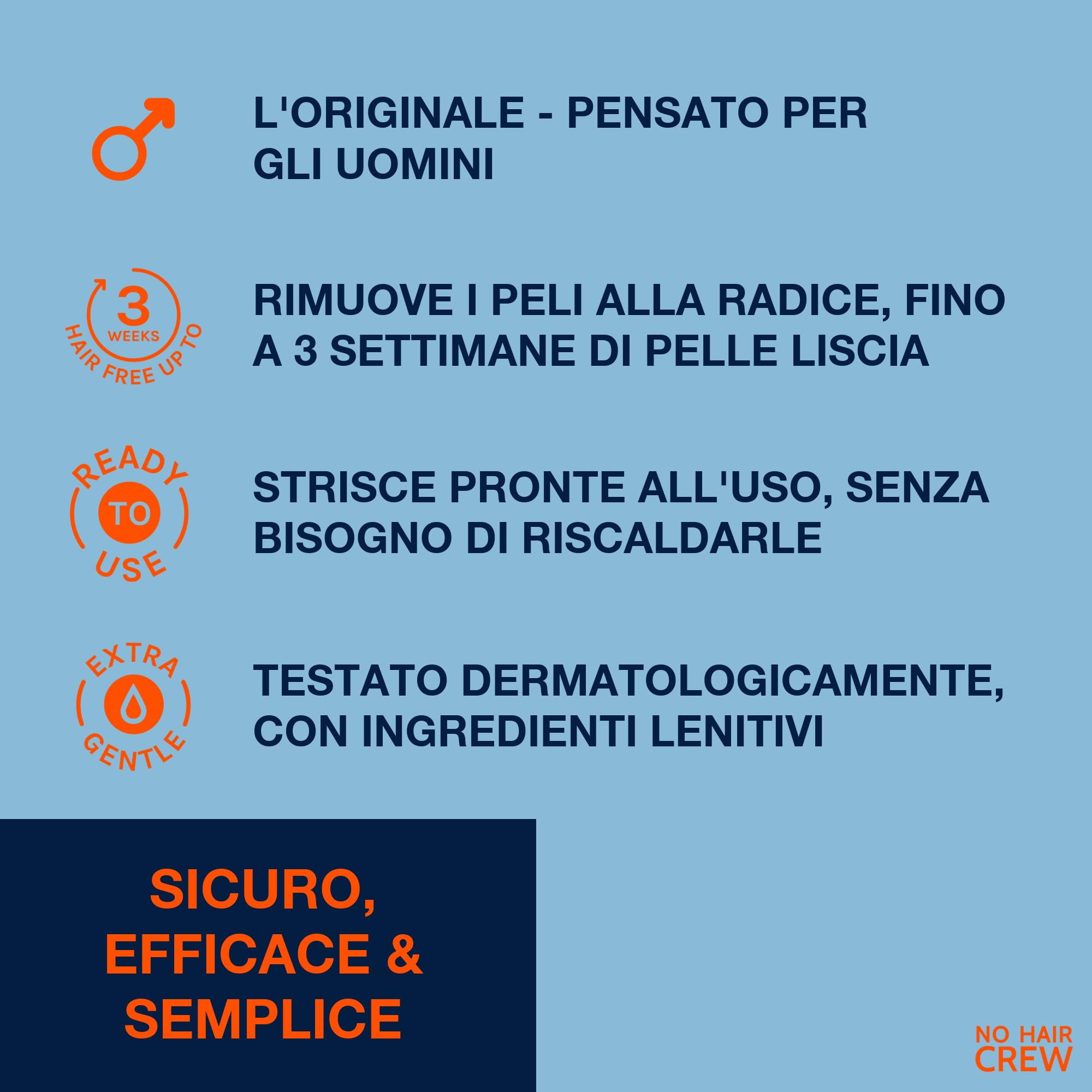 NO HAIR CREW Strisce Depilatorie Corpo Uomo Confezione da 3 (3 x 20 Strisce + Salviette Lenitive) – Depilazione a Lunga Durata