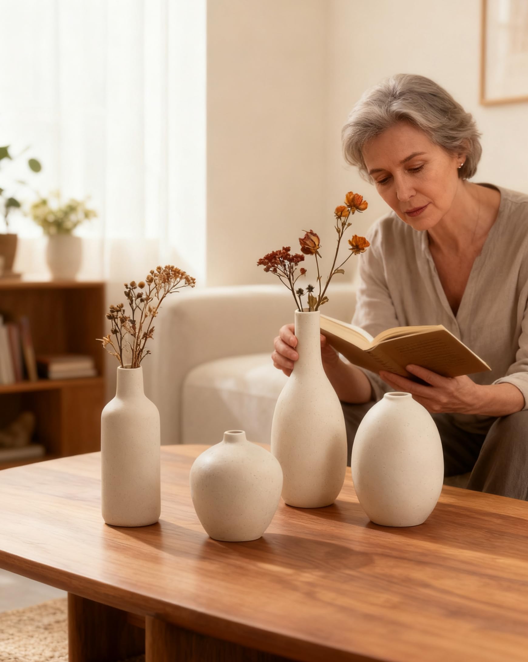 Beige Vasen Keramik 4 Stück, Kleine Blumenvasen Set für Dekor, Minimalistisch Vase Home Decor für Pampas Grass, Wohnzimmer, Esszimmer (09 Beige)