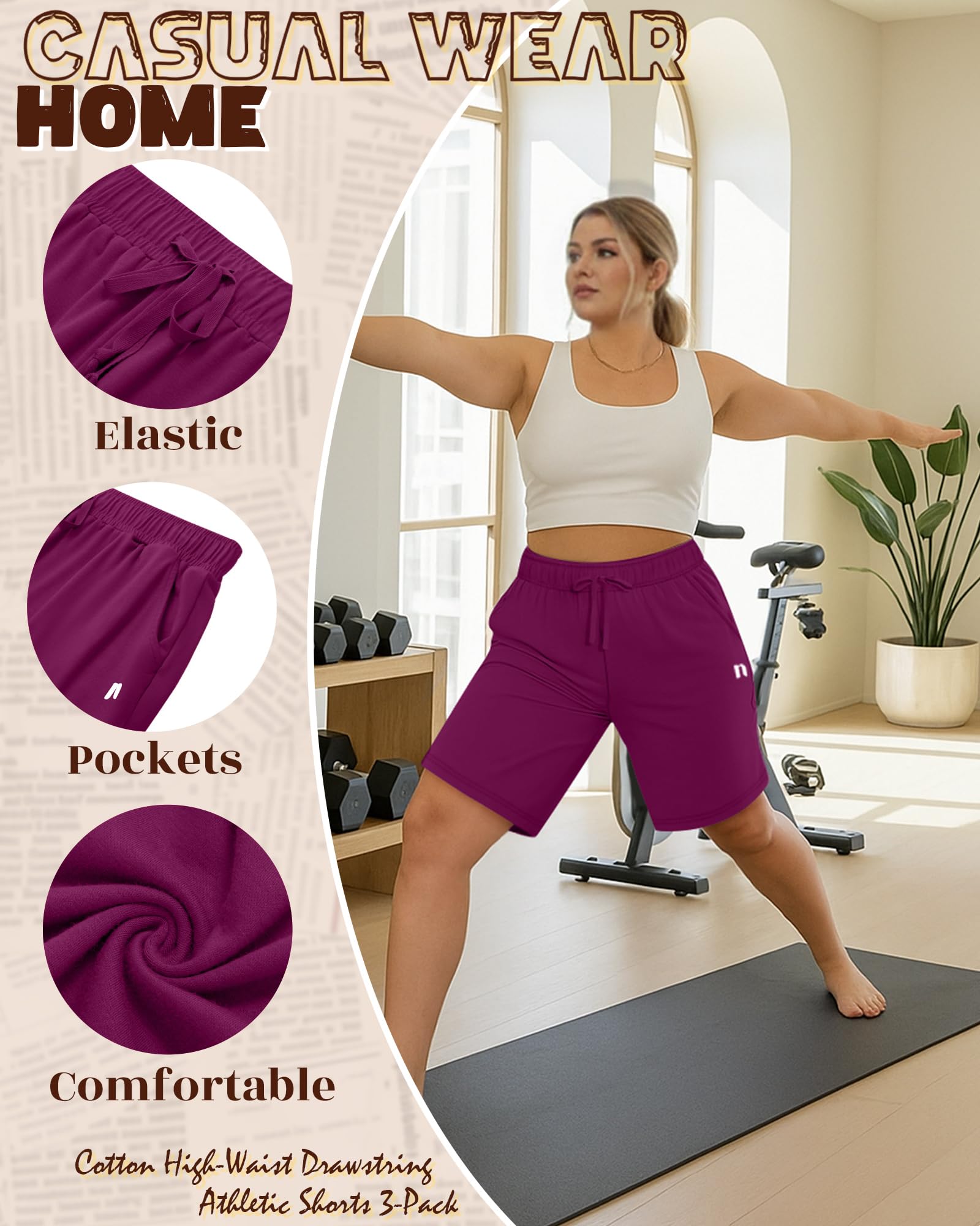Neer 3 Pezzi Bermuda Donna Plus Size Cotone Vita Alta Casuale Sportiva Pantaloncini Jogging con Taschino