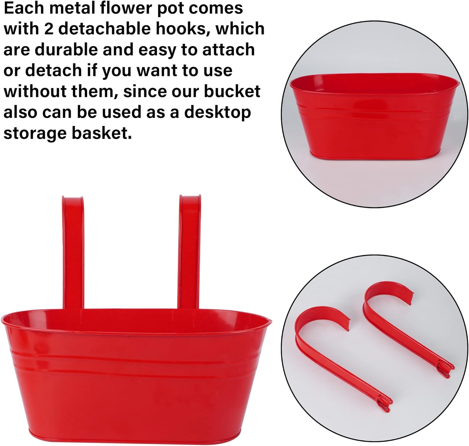 5 Pcs Hanging Flower Pot, Metal Iron Bucket Fence Hanging Planters for Outdoor Plants, Planter Box with Detachable Hooks for Railing Balcony Garden Yard