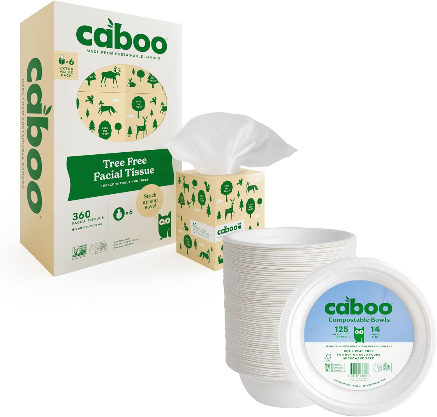 Caboo Facial Tissue Paper 6 Pack + Bamboo Bowls Bundle - Natural Bamboo Based Paper Products - Sustainable Alternative to Plastics and Papers for Home, Travel, and Personal Care