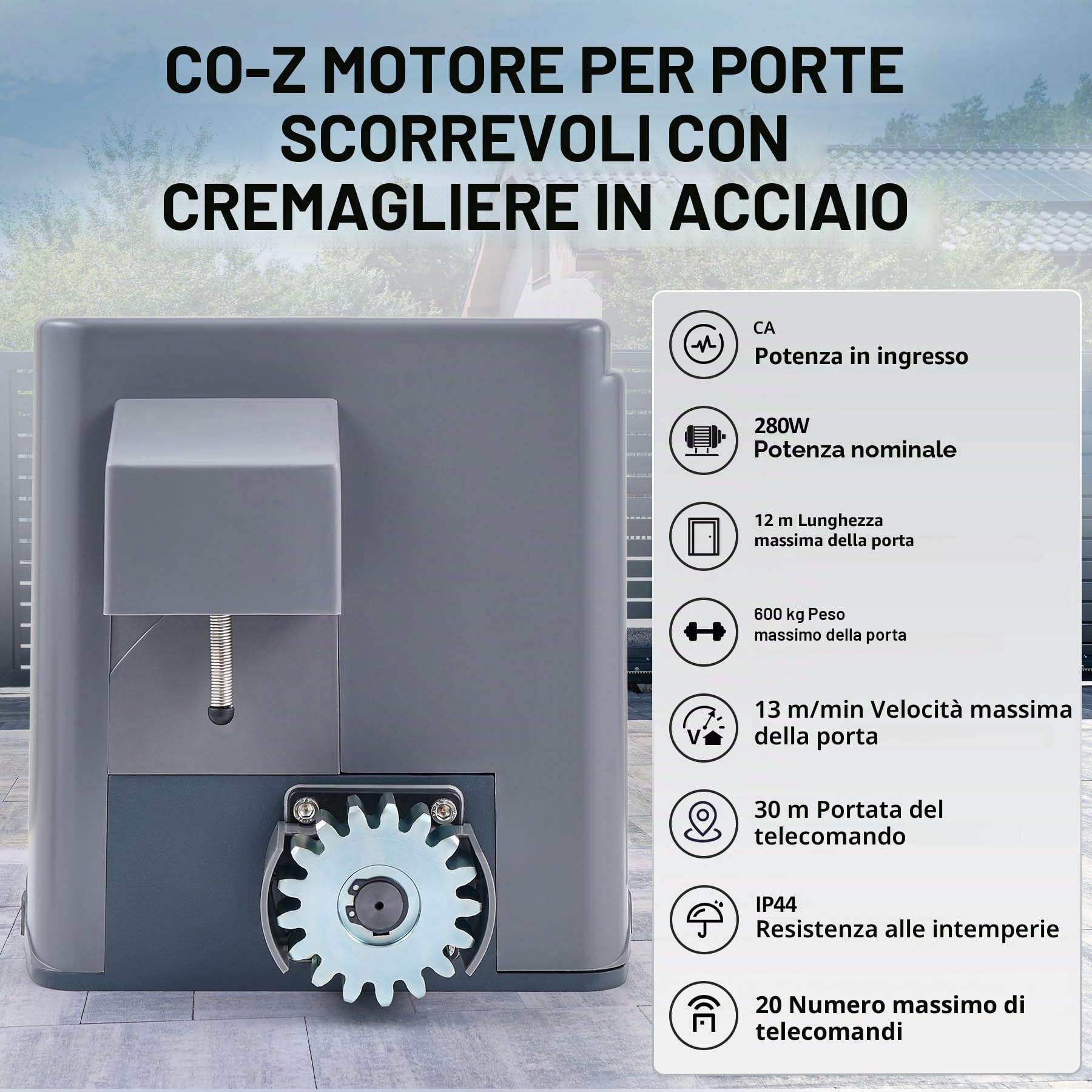 CO-Z 280W 600 KG Motore Cancello Scorrevole con 4m Cremagliera in Acciaio, 2 Telecomando Motore Porta Scorrevole per Porta da Giardino, Garage