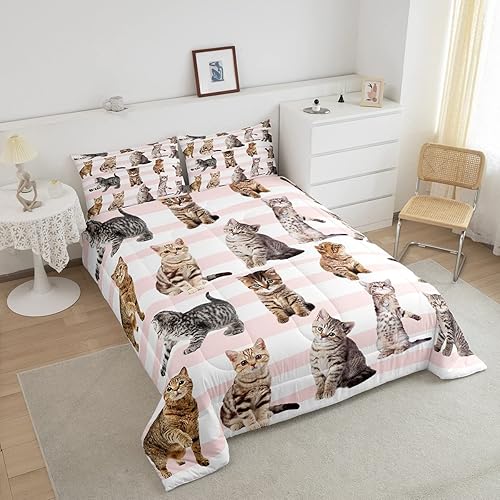 Miniatura 3 de Feelyou Juego de edredón Kawaii con diseño de gatos y rayas rosadas, bonito edredón de regalo para amantes de los gatos, juego de edredón acolchado
