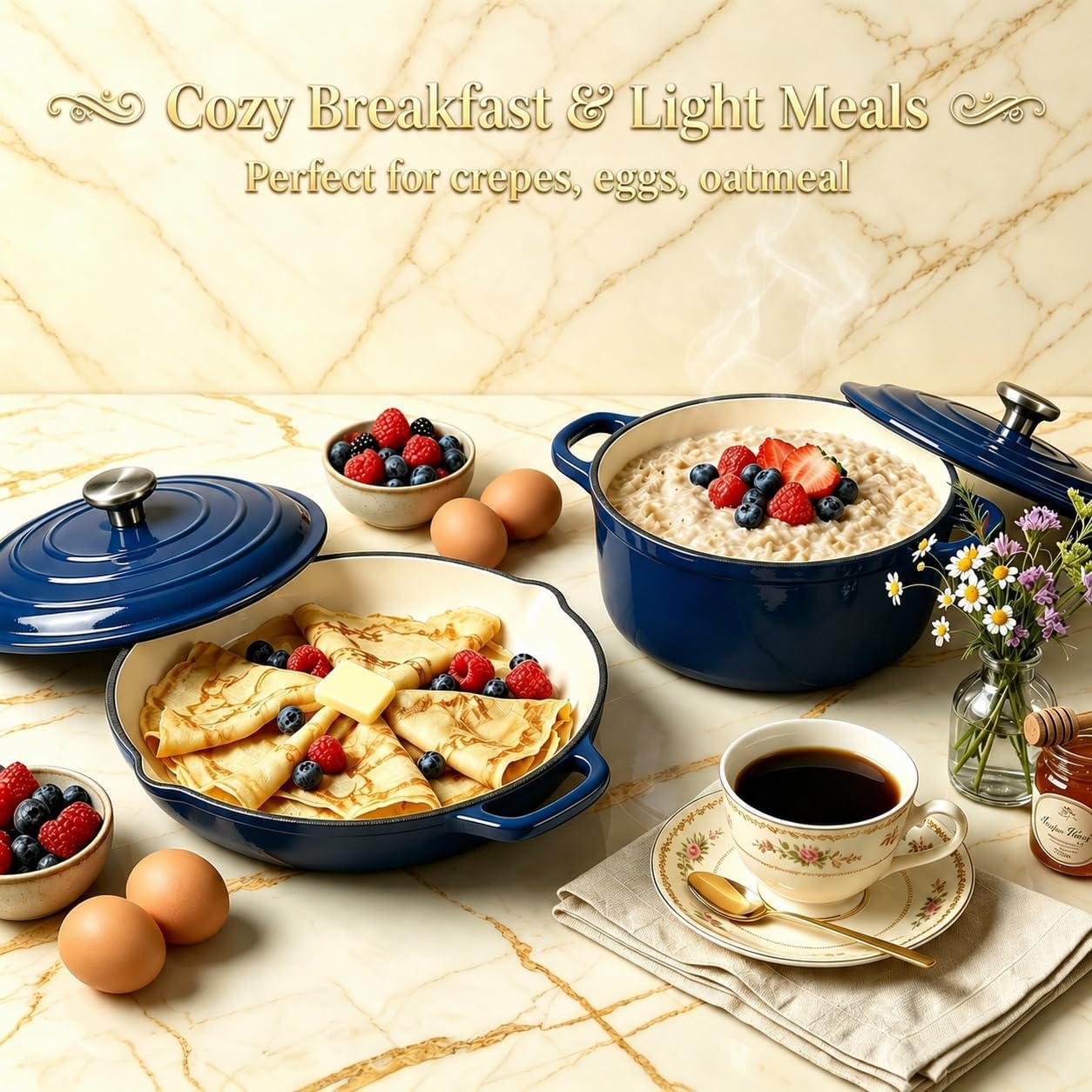 QuliMetal 5-Piece Navy Blue Enameled Cast Iron Cookware Set