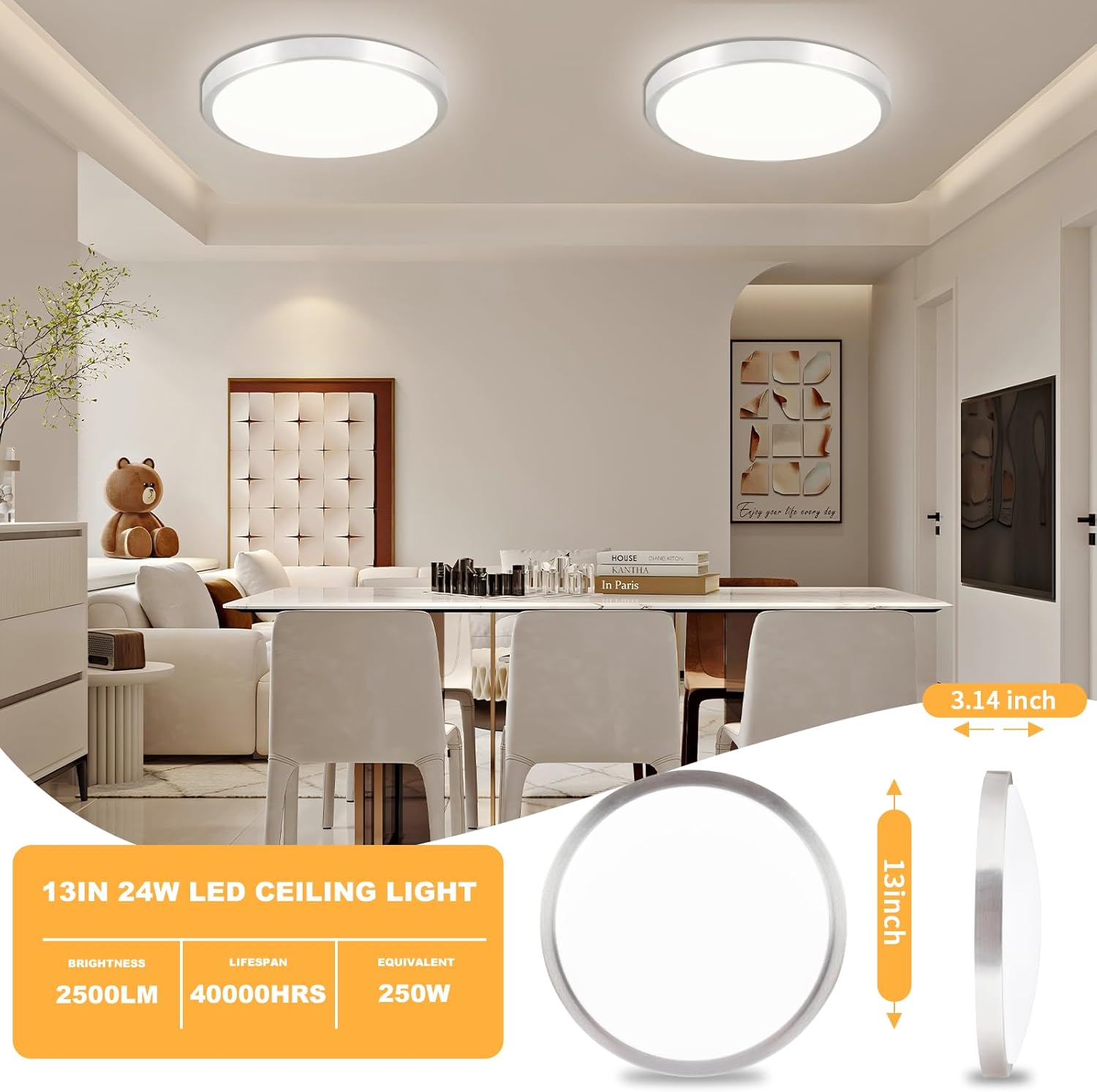 LED Flush Mount 13 Inch Ceiling Lights Fixture with Remote Control,Ceiling Lights Round,Dimmable 24W 2500LM 3000K-6500K Light Color Adjustable, Modern Ceiling Lamp for Kitchen Bedroom
