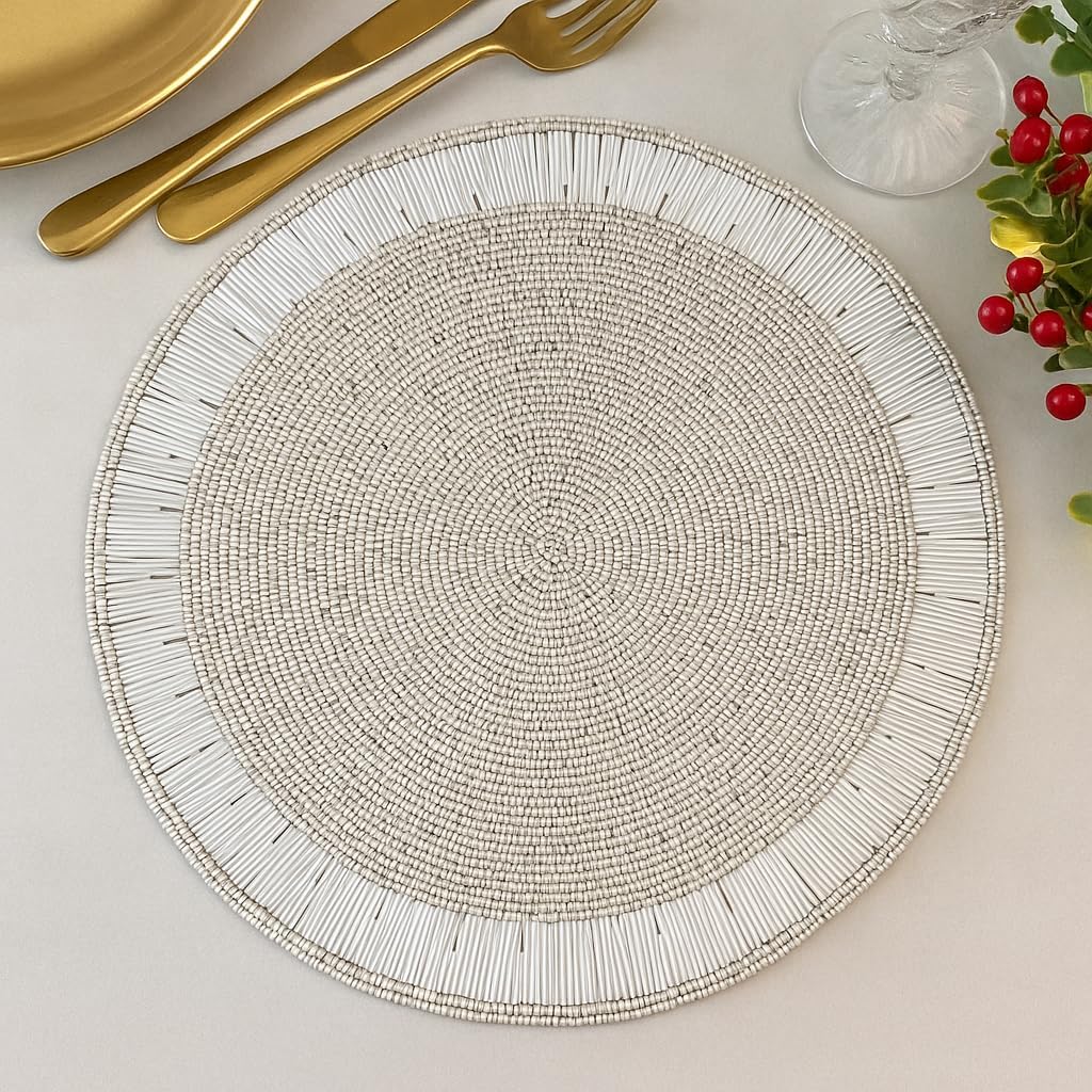 Set of 2 Handmade Beaded Placemat, 14x14 Inch Round Decorative Table Charger, Elegant White Glass Bead Design for Dining Room, Wedding, Holiday Party, and Home Decor.