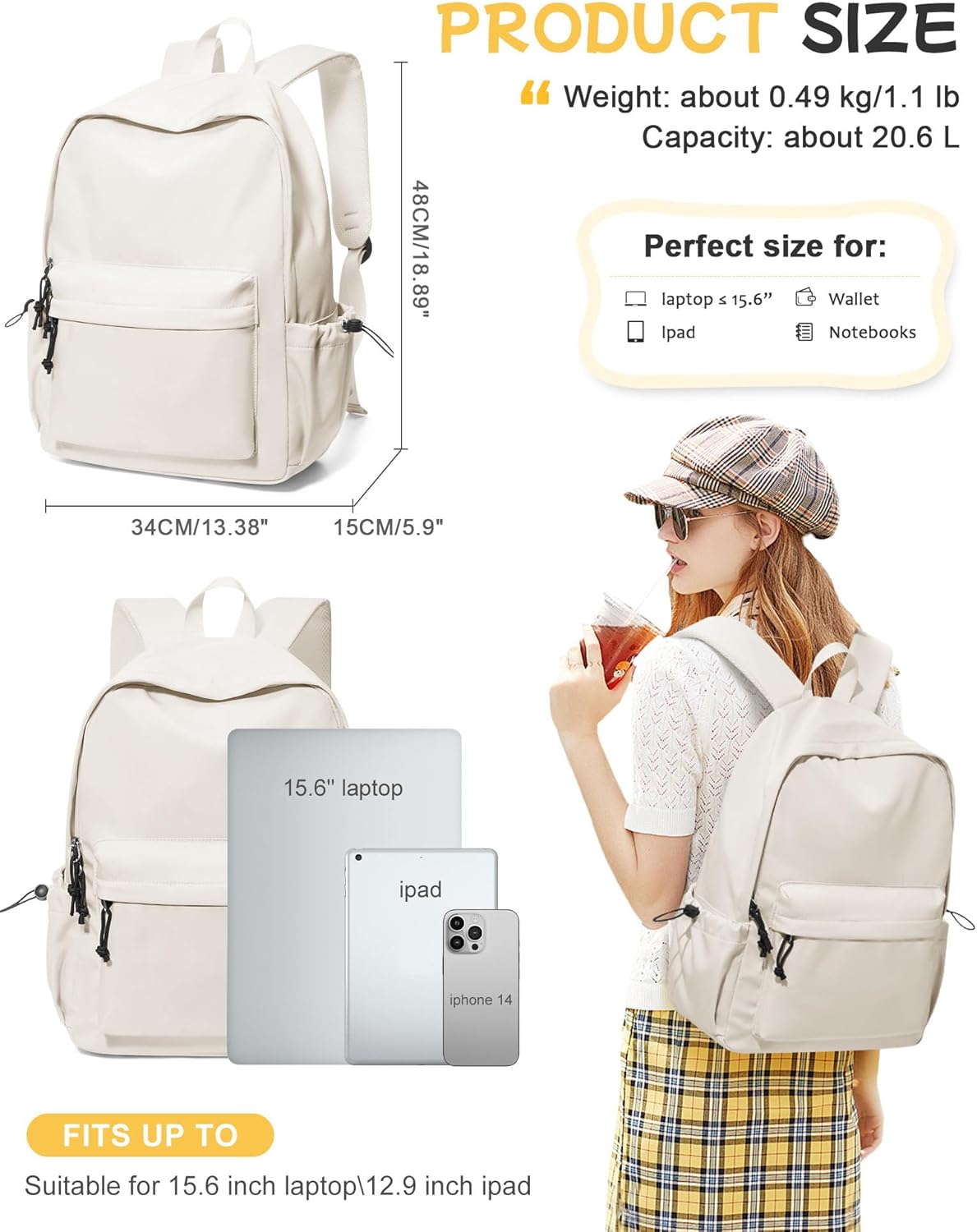 SEAFEW Large White Classic Basic Backpack for Women, Gym Backpack for Women Foldable Outdoor Weekender Gym Bag, Waterproof Sports Back Pack & Dance Yoga travel Bag