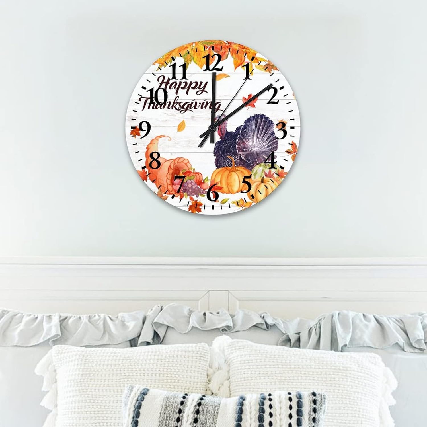 15 Inch Happy Thanksgiving Day Funny Turkey with Pumpkins Maple Leaves Wooden Clock Battery Operated Autumn Thanksgiving Pumpkin Kitchen Clocks Wall Round Clock for Home Living Room Office Decoration