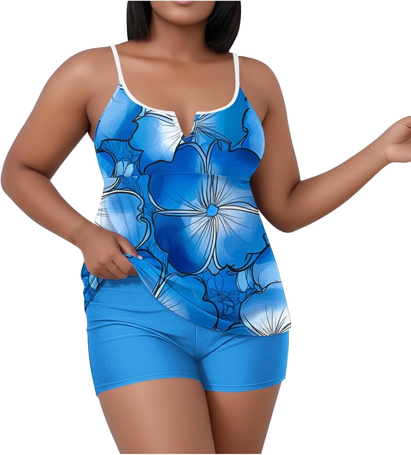 Womens Tankini Set V Neck Plus Size Swimsuit Tummy Control Slimming Two Piece Bathing Suit with High Waist Boyshorts