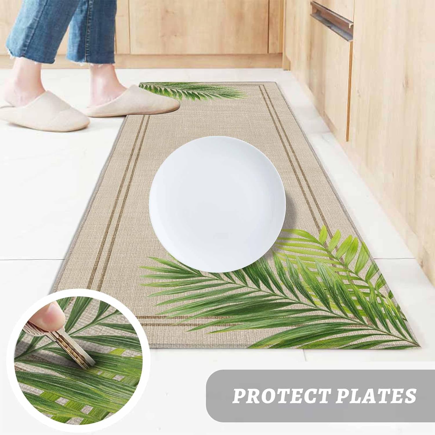 Teamery Kitchen Mats for Floor Palm Leaves on Light Brown Burlap Washable Non Slip Kitchen Rugs 2PCS, Watercolor Leaf Plant Absorbent Standing Mats for Sink Office Living Room 15.7x23.6in+15.7x47.2in