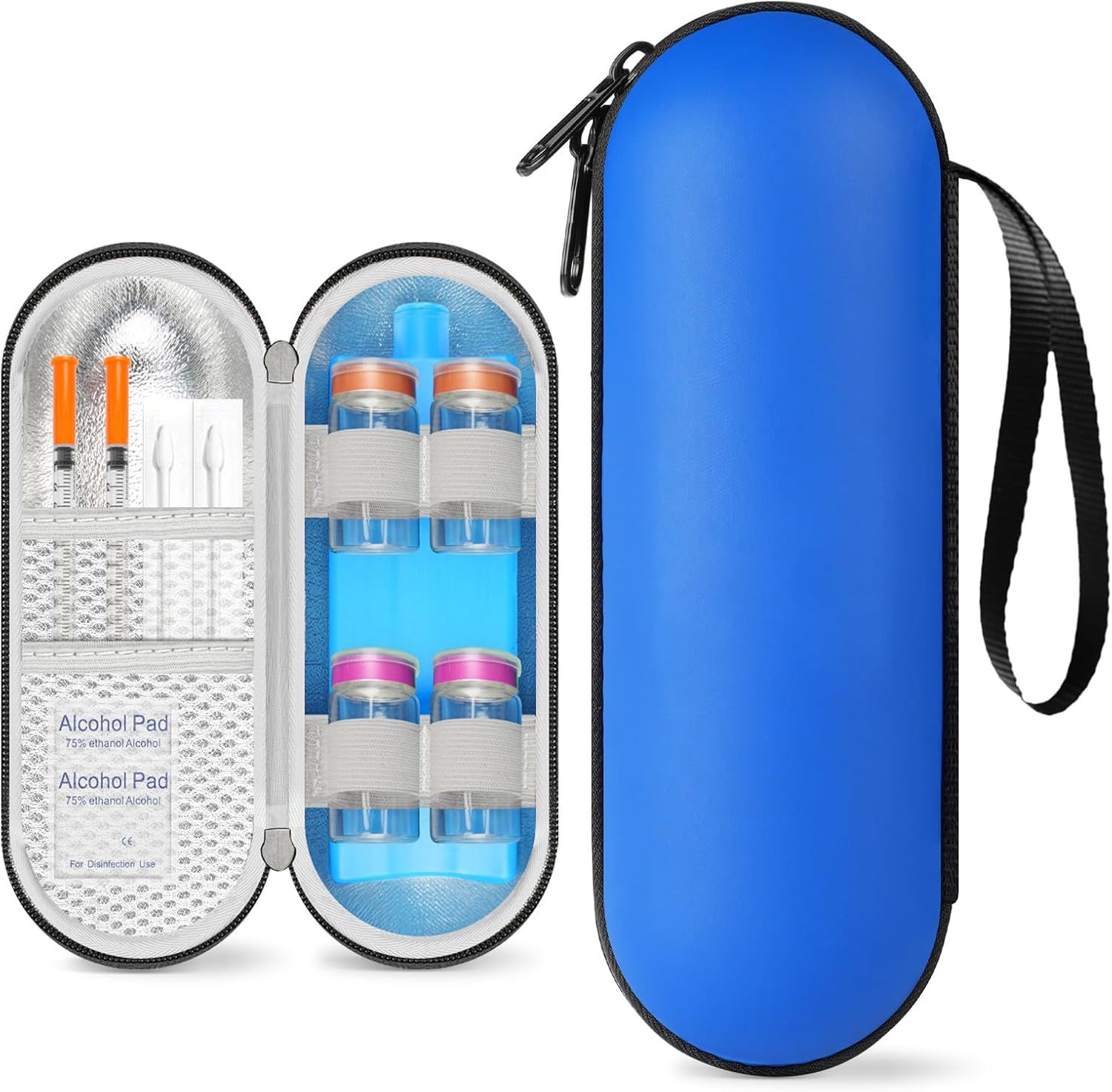 Insulin Cooler Travel Case for 4 Vials - Peptide Cooler Case and GLP-1 Medication Organizer, Hard Shell Portable Medicine Cooling Bag with Ice Brick for Vials & Pens, TSA Approved, Blue