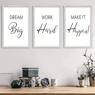 Motivational Positive Sign Wall Decor 11x16 Inch Office Set Of 3 Wood Framed Large Inspirational Quotes Living Room Home Wall Art Dream Big Work Hard Make it Happen women Hanging (White)