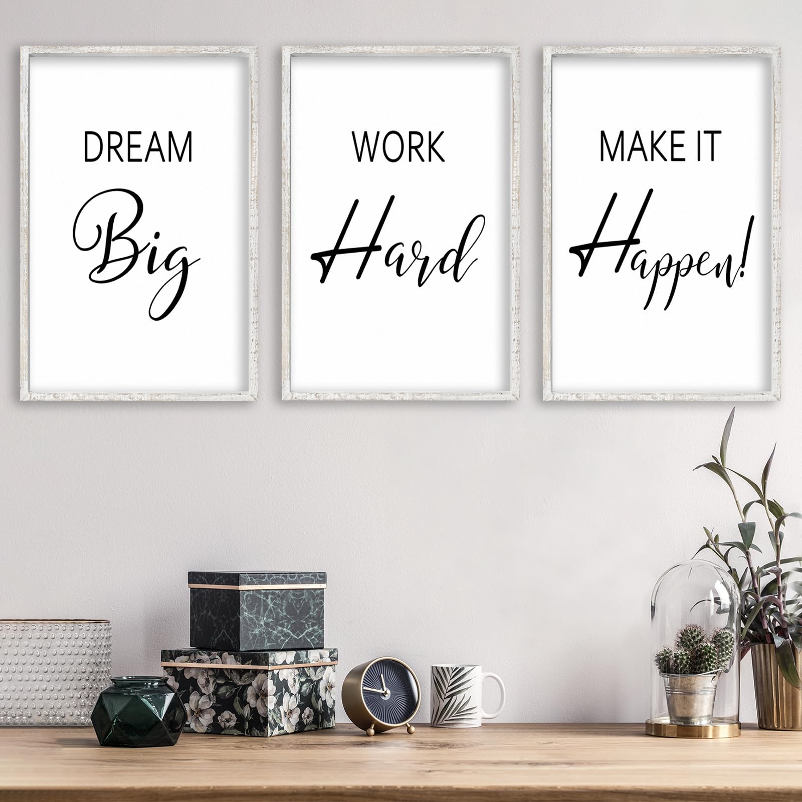 Motivational Positive Sign Wall Decor 11x16 Inch Office Set Of 3 Wood Framed Large Inspirational Quotes Living Room Home Wall Art Dream Big Work Hard Make it Happen women Hanging (White)