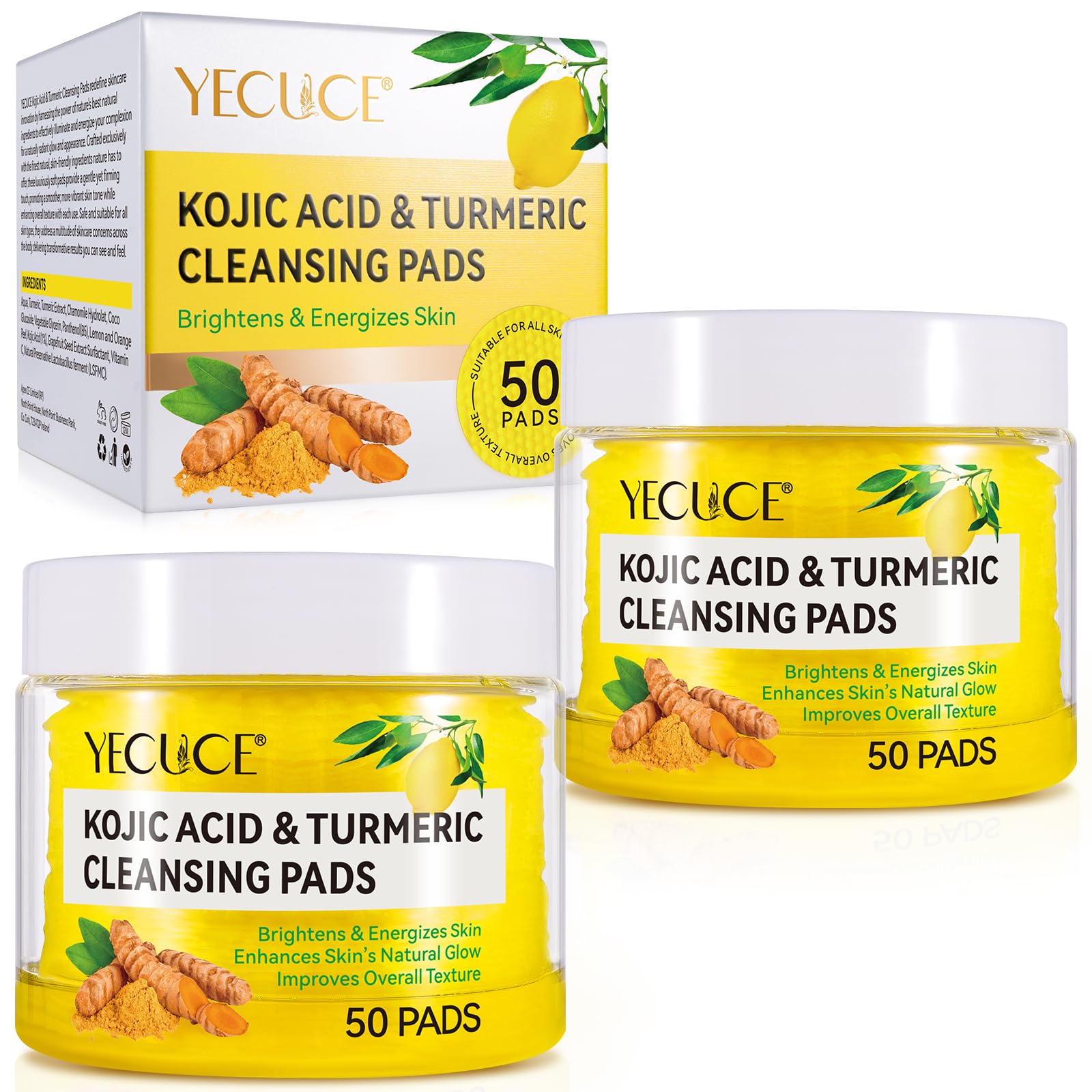 Turmeric Cleansing Pads, 50PCS Kojic Acid and Turmeric Cleansing Pads, Face Pads with Vitamin B5?Vitamin C ?Turmeric ?Remove Excess Keratin Balance Skin Oil And Water