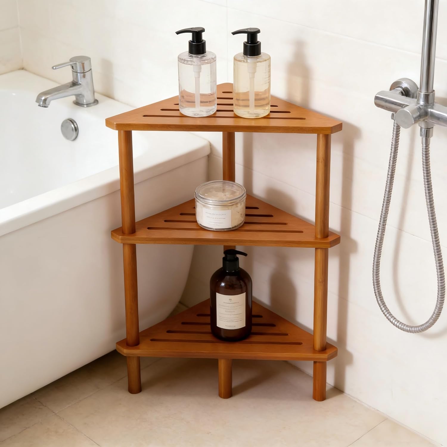 3-Tier Free Standing Corner Shower Caddy, Bamboo Wood Bathroom Shower Shelf for Inside Shower Organizer & Storage Foot Rest Shower Stool