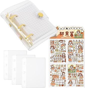 Amazon ミニリングバインダー Morices 3穴バジェットバインダーノートブック透明pvcルーズリーフノートブックカバー 80の内部グリッドページ 3つの収納バッグ 4枚の漫画ステッカー 集金袋 文房具 オフィス用品