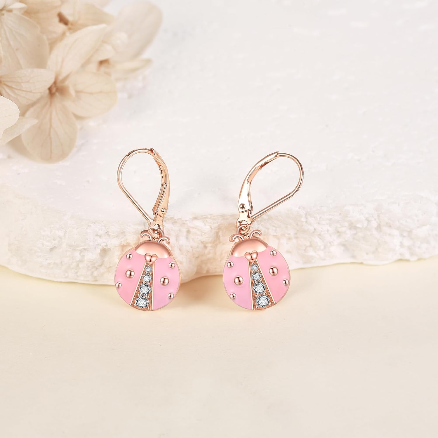 POPLYKE 925 Sterling Silver Pink Ladybug Earrings for Women 18K Rose Gold Plated Leverback Dangle Drop Earrings Cute Jewelry Gift Nature Lover
