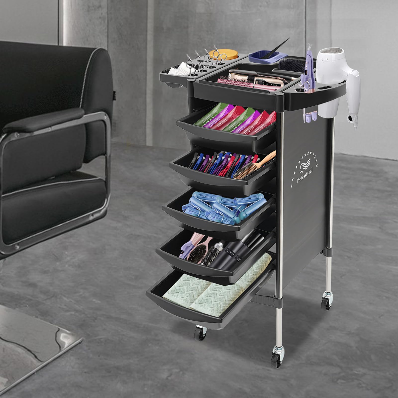 Carrito de peluquería con ruedas 6 niveles 5 cajones extraíbles negro