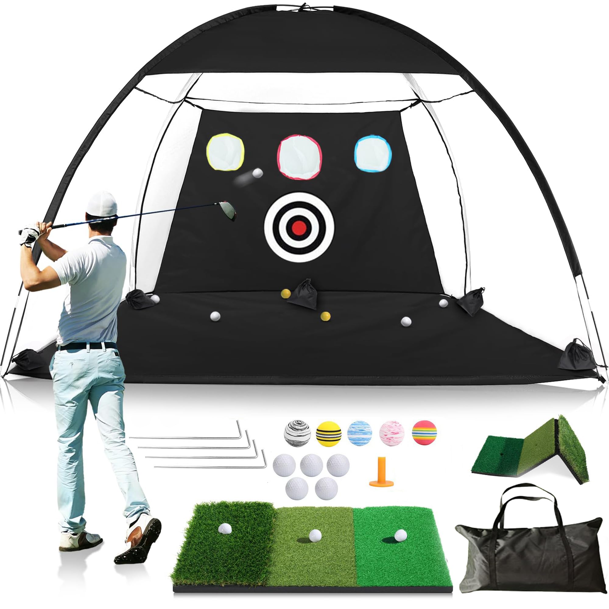 Golf Practice Net 10x7ft for Garden with 6 Balls Driving with Triple Turf Mat，Swing Correction Trainer Carry Bag Chipping Turf Mat for Backyard，Multiple Targets Golf Training Aid Net Accessories