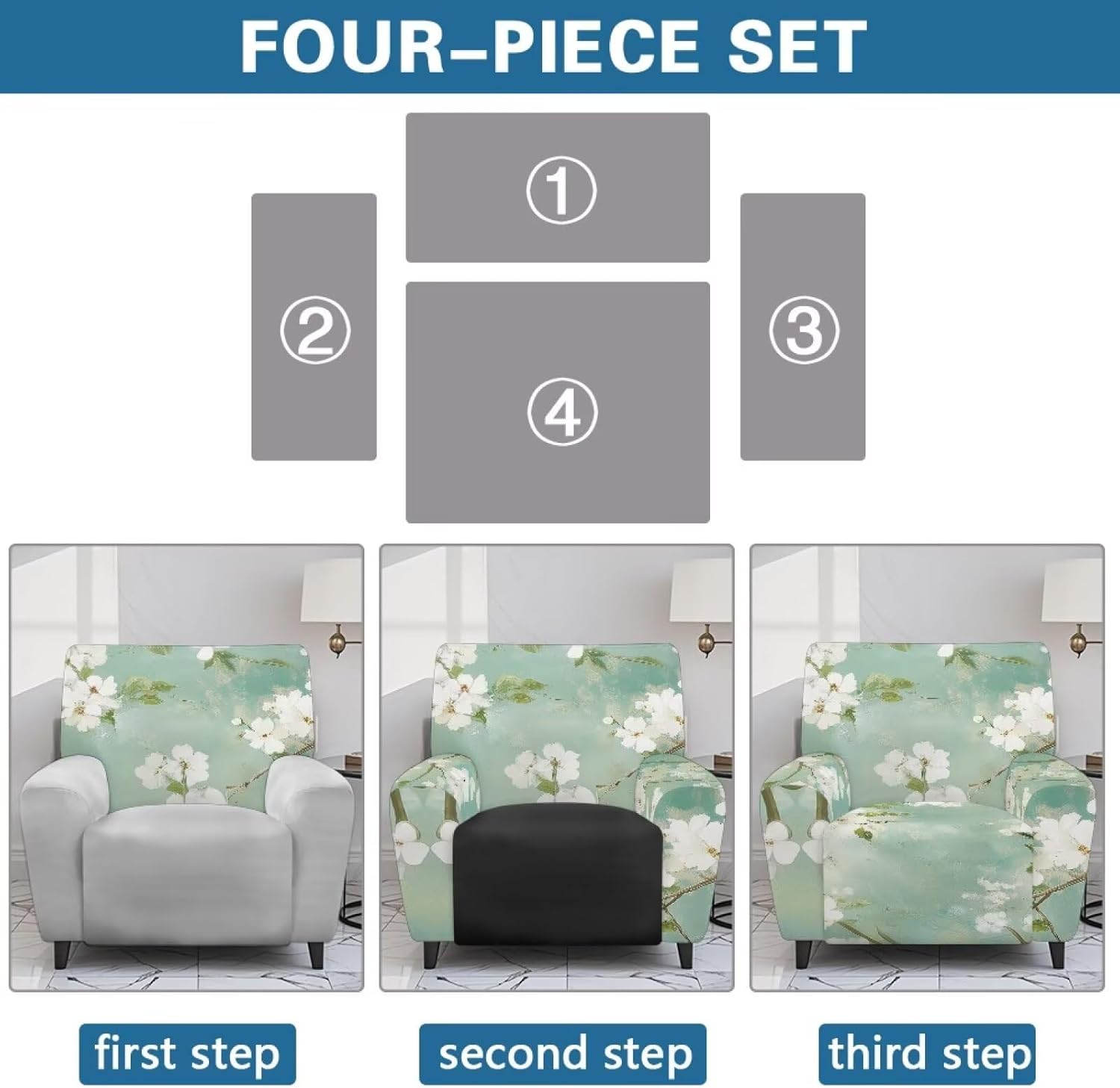 FOR U DESIGNS Floral White Green Recliner Chair Cover Set of 4 Pieces with Storage Pockets Non Slip Reclining Furniture Protector Washable Stay in Place for Single-Seater Use