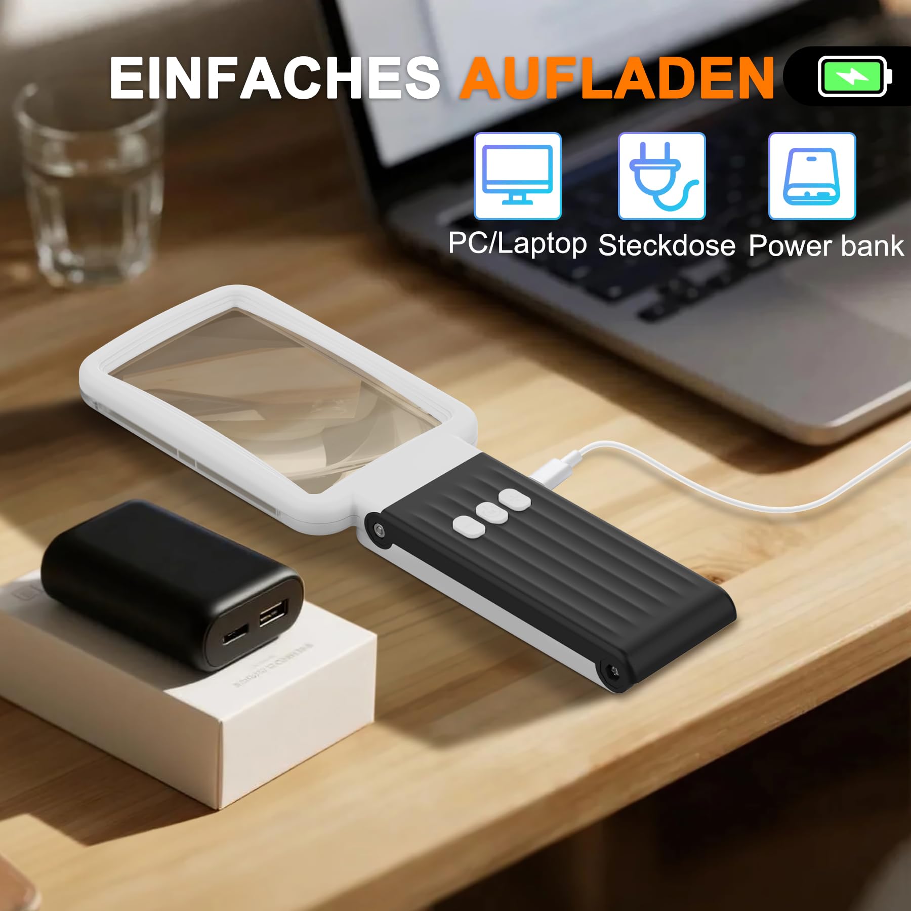 15X Lupe mit Licht und Ständer, Echtglaslinse Leselupe, Wiederaufladbare, Faltbare Große Handlupe, 3 Farbmodi Dimmbare, Beleuchtete Seitenlupe für Senioren, Juwelier - Weiß Schwarz