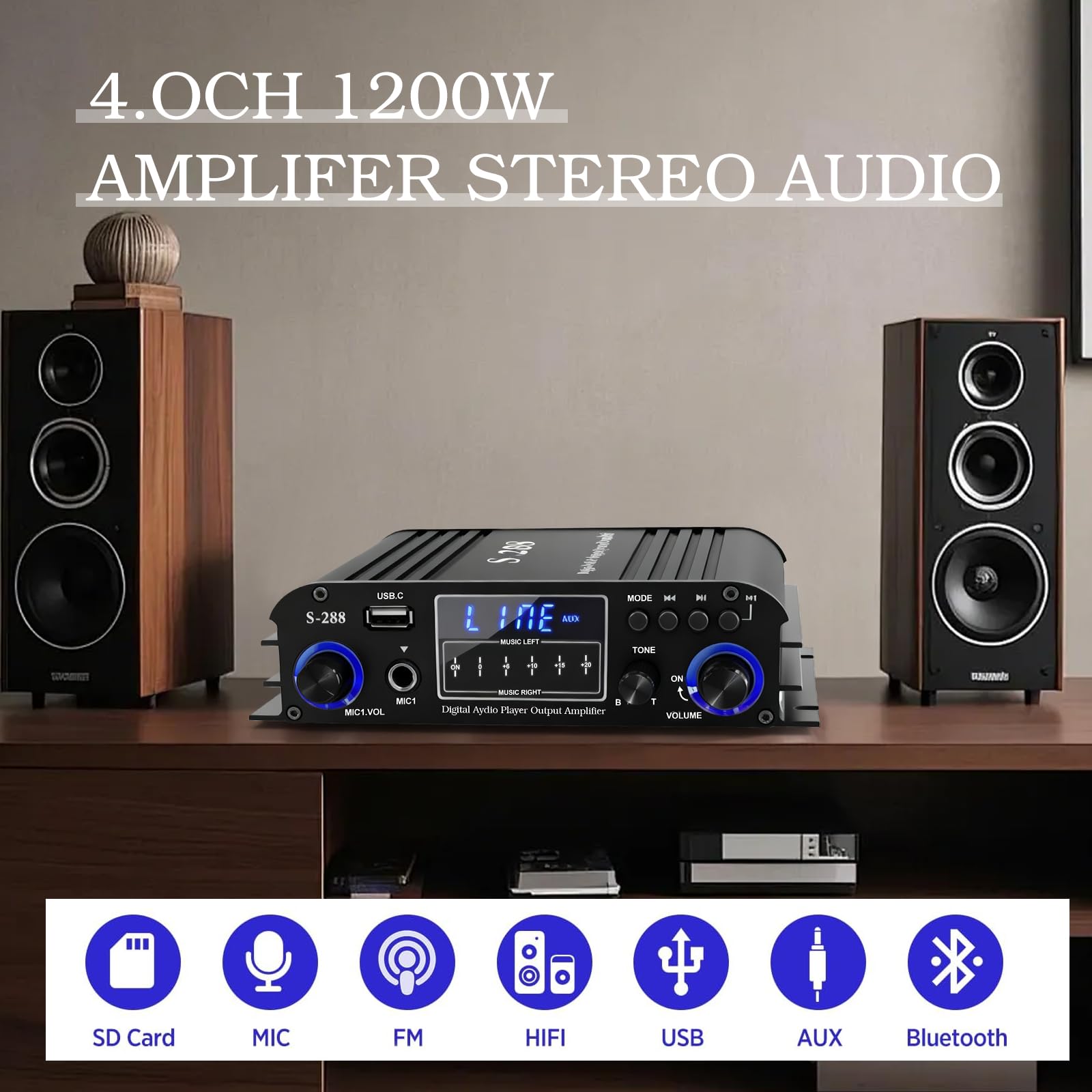 Amplificatore a 4 canali, amplificatore di potenza audio 1200 W, Bluetooth 5.0, 30 Wx4 con USB/Microfono/FM con telecomando, amplificatore Hi-Fi integrato per la casa o la tua auto