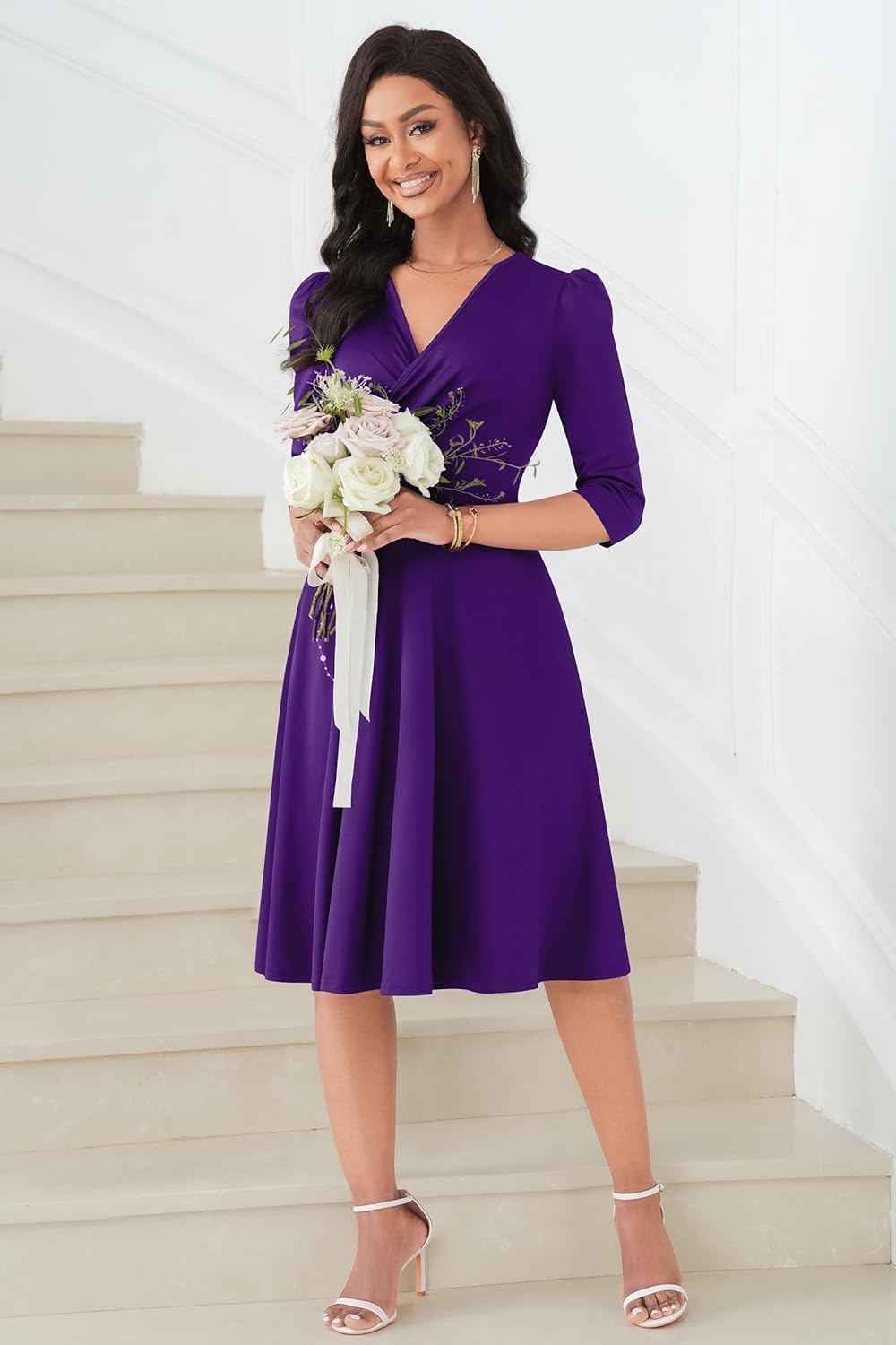 Nmoder Women Casual Midi Semi Formal Fit and Flare 3/4 Sleeve A-line Dress for Church Work Wedding Guest Cocktail Dresses - Image 5