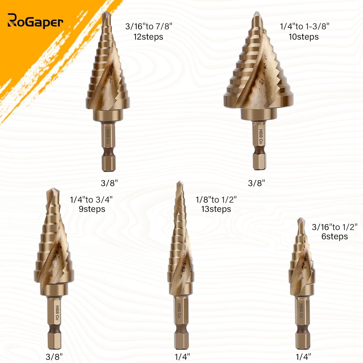 6PC Cobalt Step Drill Bit Set, Hex Shank Step Drill with Two Spiral Flutes and Automatic Center Punch for Metal, Stainless Steel, Aluminum, Wood, and Plastic with Aluminum Case, 50 Sizes