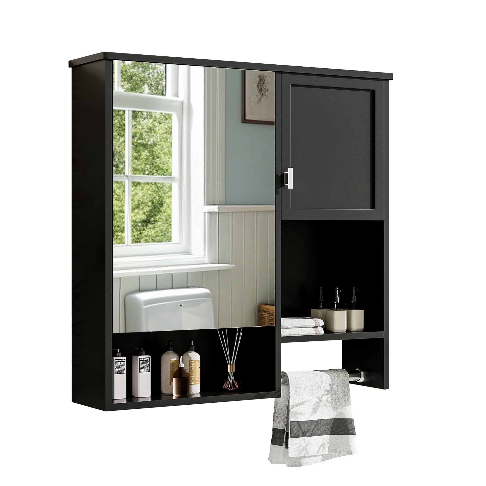 Merax Medicine Cabinet for Bathroom, Wall Mount Bathroom Cabinet with Mirror, Open Shelf, and Towel Bar, 29.5" W x 28.7" H Over The Toilet Mirrored