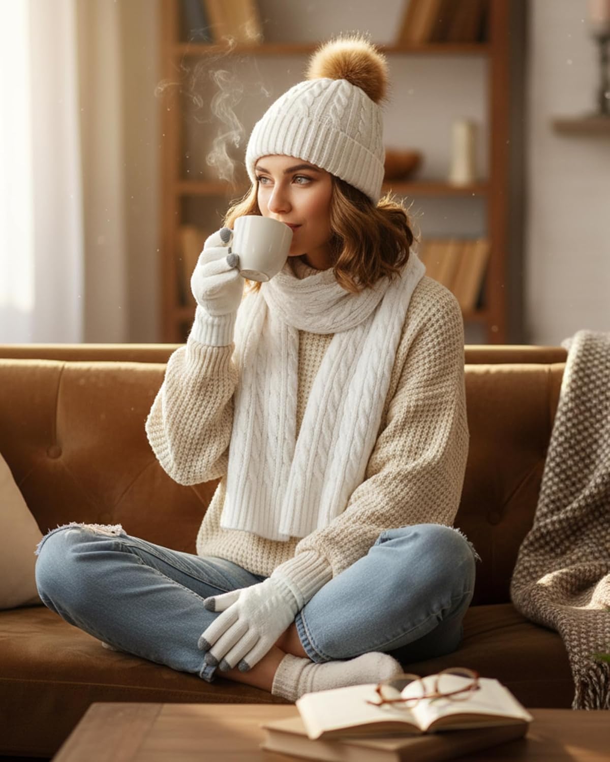 Geyoga 6 Pcs Winter Warm Set for Women Warm Beanies Hats Touchscreen Gloves Long Scarf Ear Muffs Socks Winter Gifts for Women - Image 7