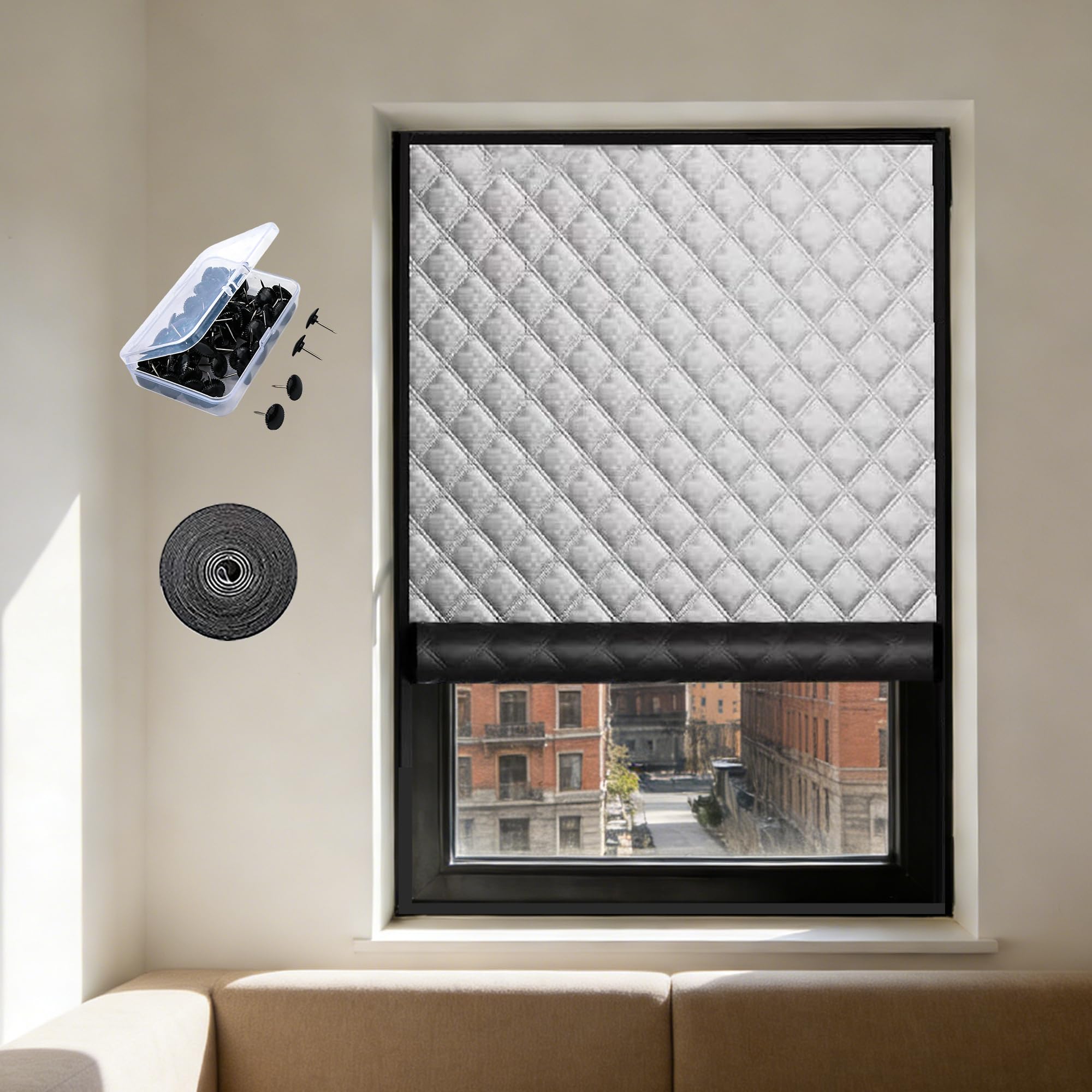 Fenster Wärmeschutz Set 75 x 190 cm Oxford Gewebe Dick Baumwollfüllung Thermovorhang Einfache Montage Ohne Bohren für Fenster Winterfest Machen, Silber