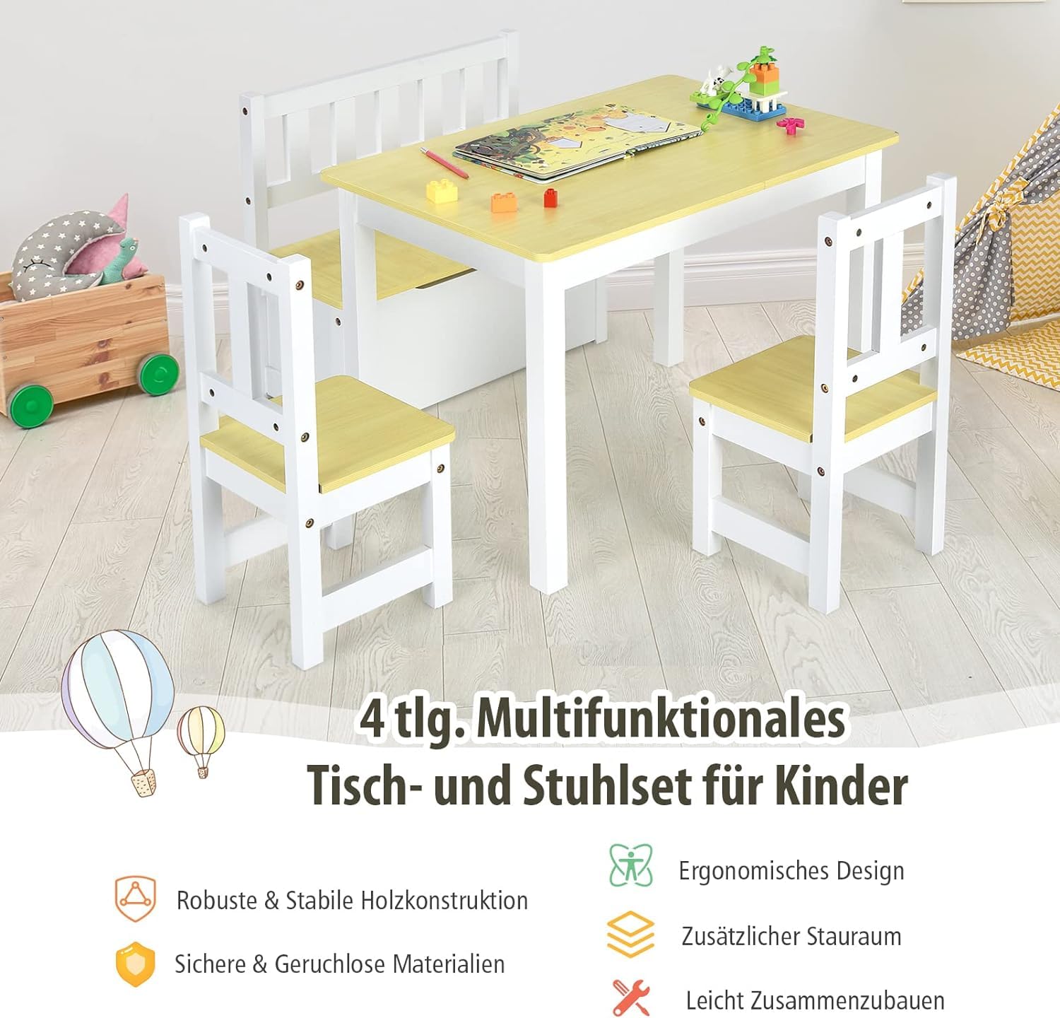 DREAMADE Kindetisch mit 2 Stühlen, Kindersitzgruppe aus Holz mit 22L Strauraum, Kindertruhenbank Kindermöbelset Holzsitzgruppe für Kinderzimmer, Spielzimmer, Wohnzimmer, Natur