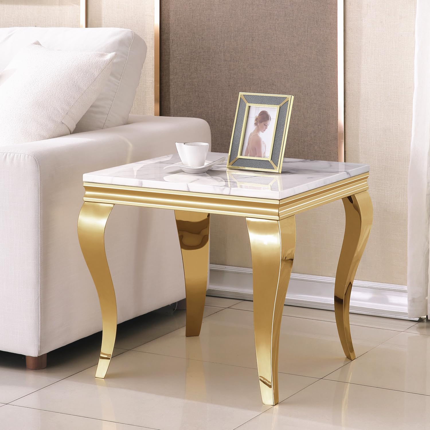 White Marble Side Table with Mirrored Stainless Steel Metal Legs, Modern Faux Marble End Table for Living Room, Bedroom Night Stand, Small Gold