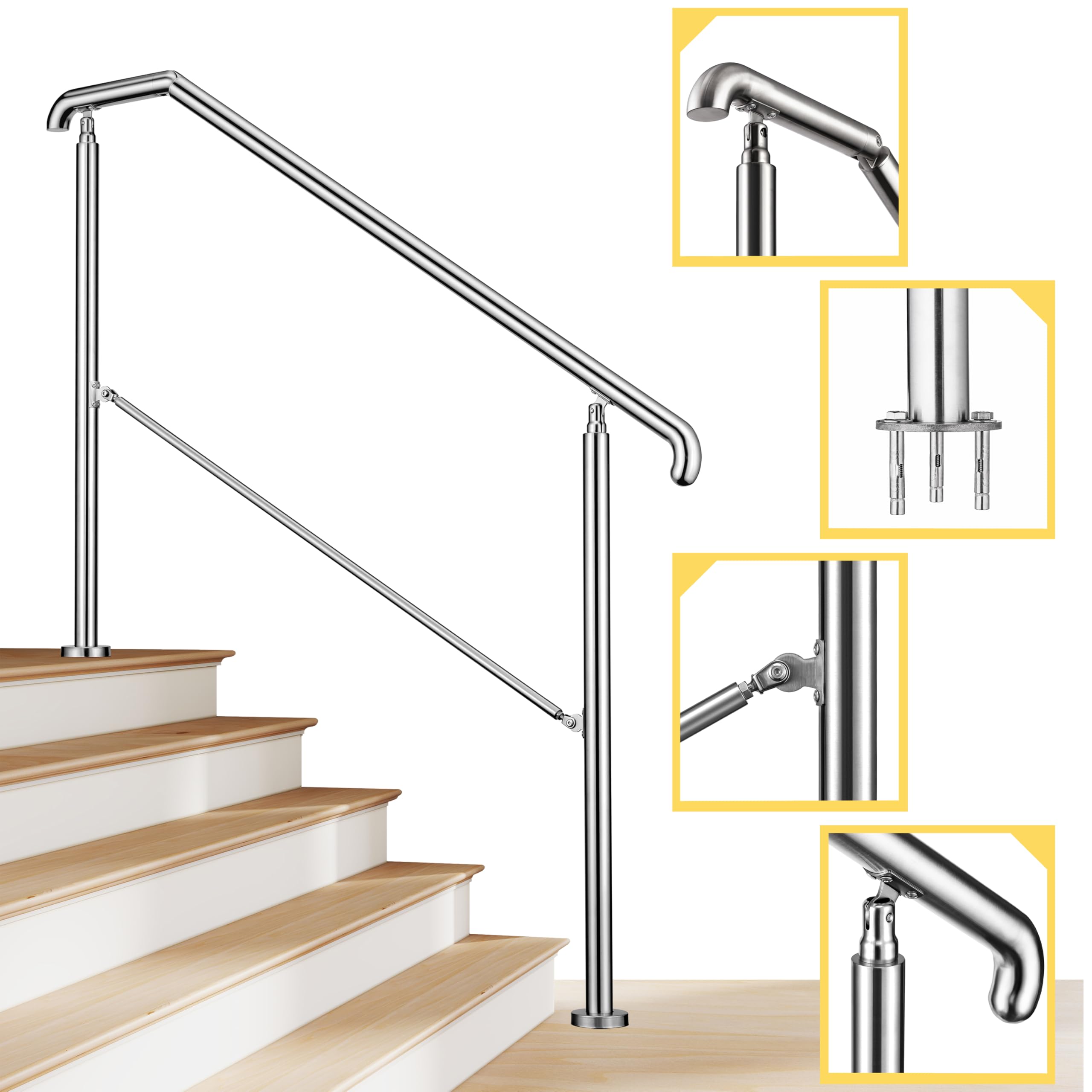 AICA Edelstahl-Treppengeländer für 4–5 Stufen (162 cm, silber), Winkelverstellbares Geländer, Eingangsgeländer für Hauseingänge sowie Innen- und Außenbereiche