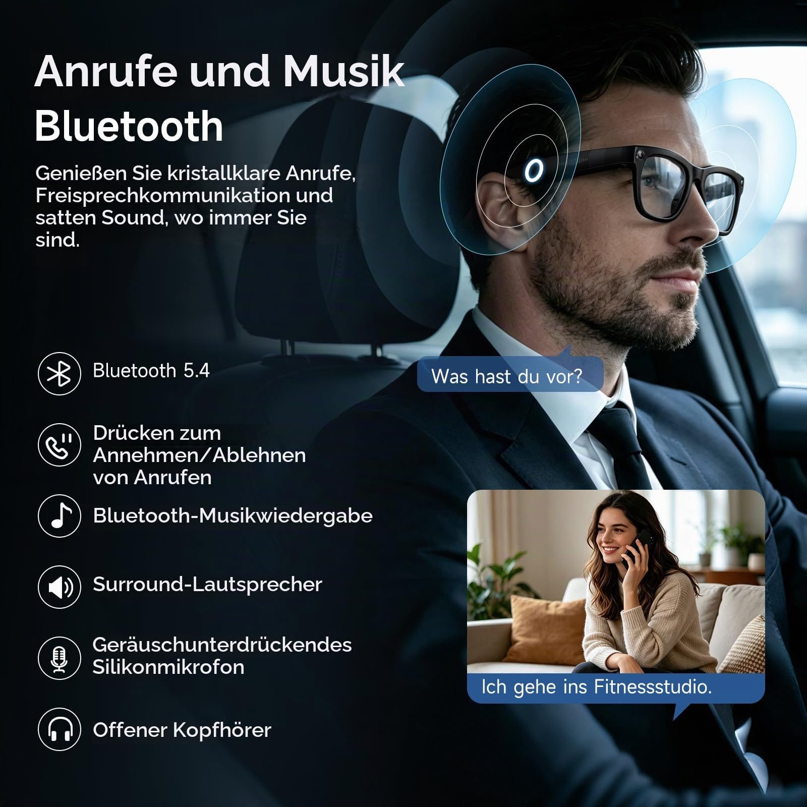 Smart Glasses mit KI & Bluetooth-Anrufe, ChatGPT-Sprachassistent, UV-Schutz