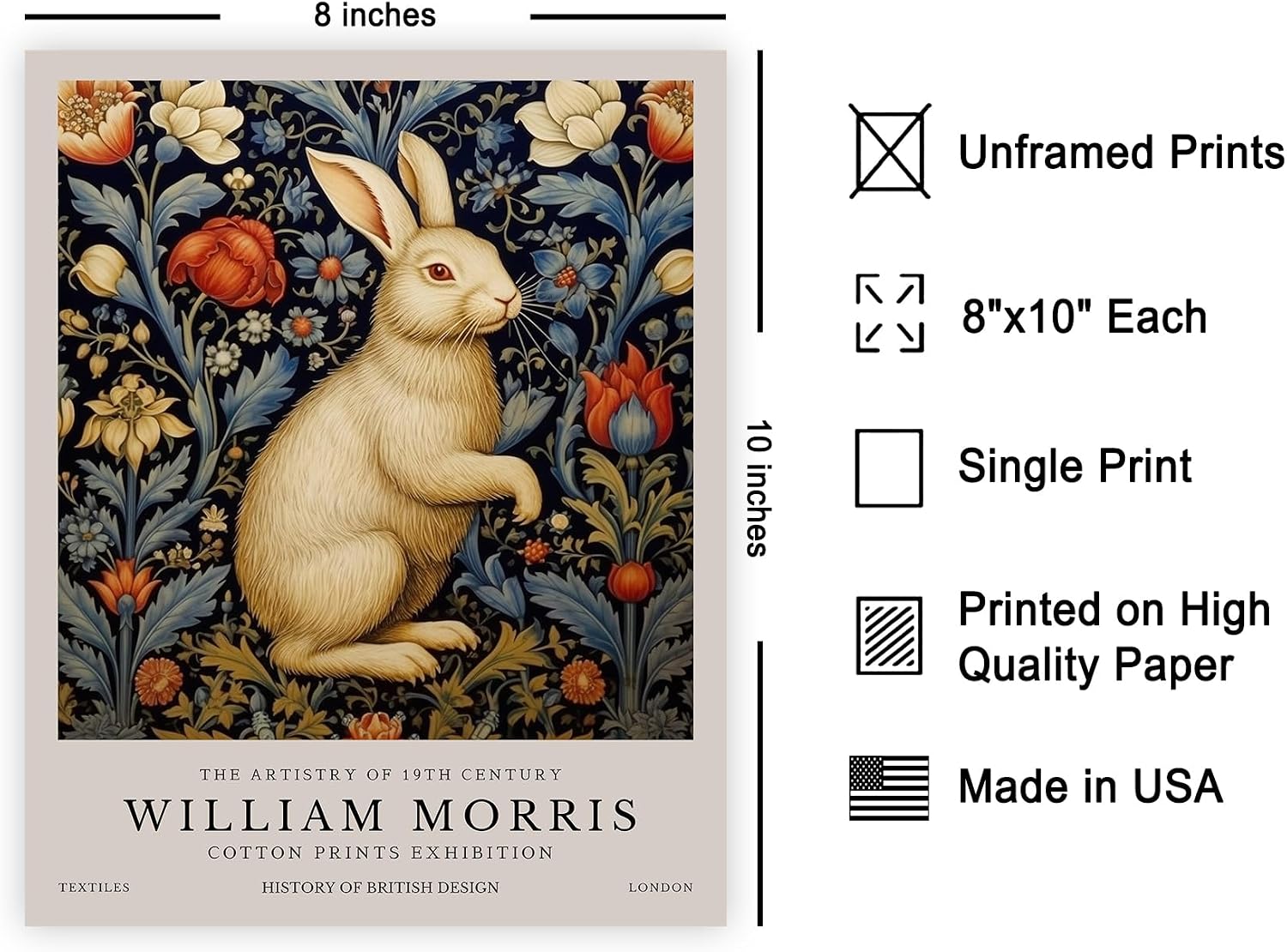 Poster Master White Rabbit Print - William Morris Poster - Flower & Animal Art - Botanical Exhibition Design - Floral Bunny Illustration - Great Office or Bedroom Decor - 8x10 UNFRAMED Wall Decor