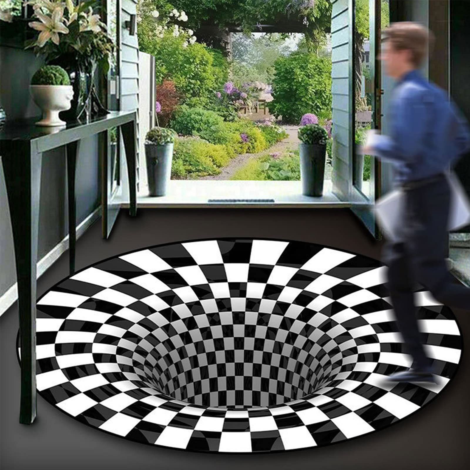 3D Vortex Illusion Rug, 2022 New Black White Plaid Round Rugs Visual Optical Floor Mat, Abstract Geometric Non-Slip Rug for Living Dinning Room Bedroom Kitchen (40x40in, MDKJ-3)