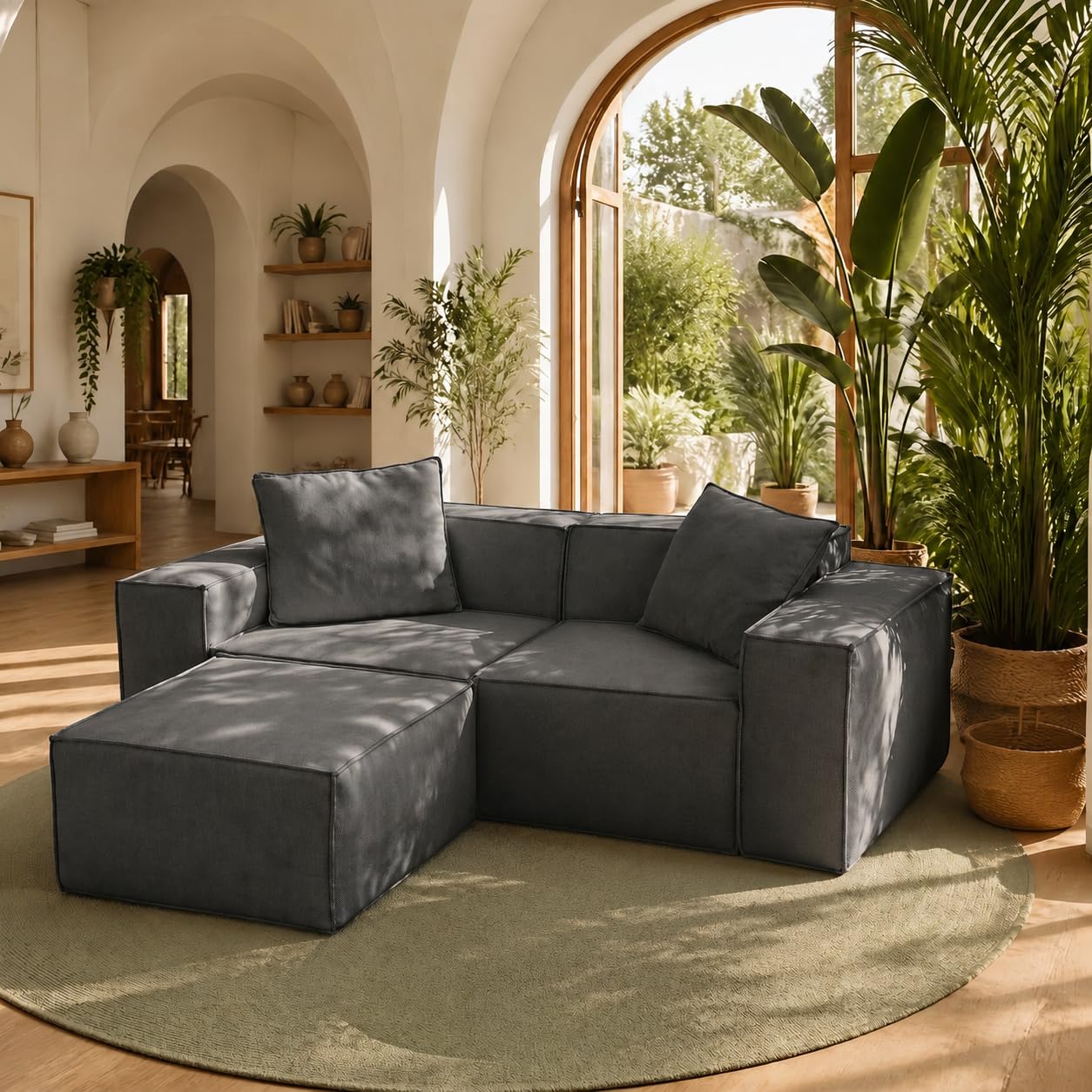 HOME IDOL Modular 2-Seater Sectional Sofa with Ottoman, Box-Shipped, Kid & Pet-Friendly Stain-Resistant Easy-Clean Polyester Fabric, High-Resilience, Dark Grey