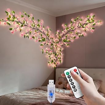 Cherry Blossom Lights with Green Leaf,48 LED Pink Flower Fairy Vine Lights for Bedroom,3.95Ft 8 Modes Twinkling Tree Branch Light with Remote,Timer,Blossom Garlands for Wall Room Christmas Decoration [Energy Class A]