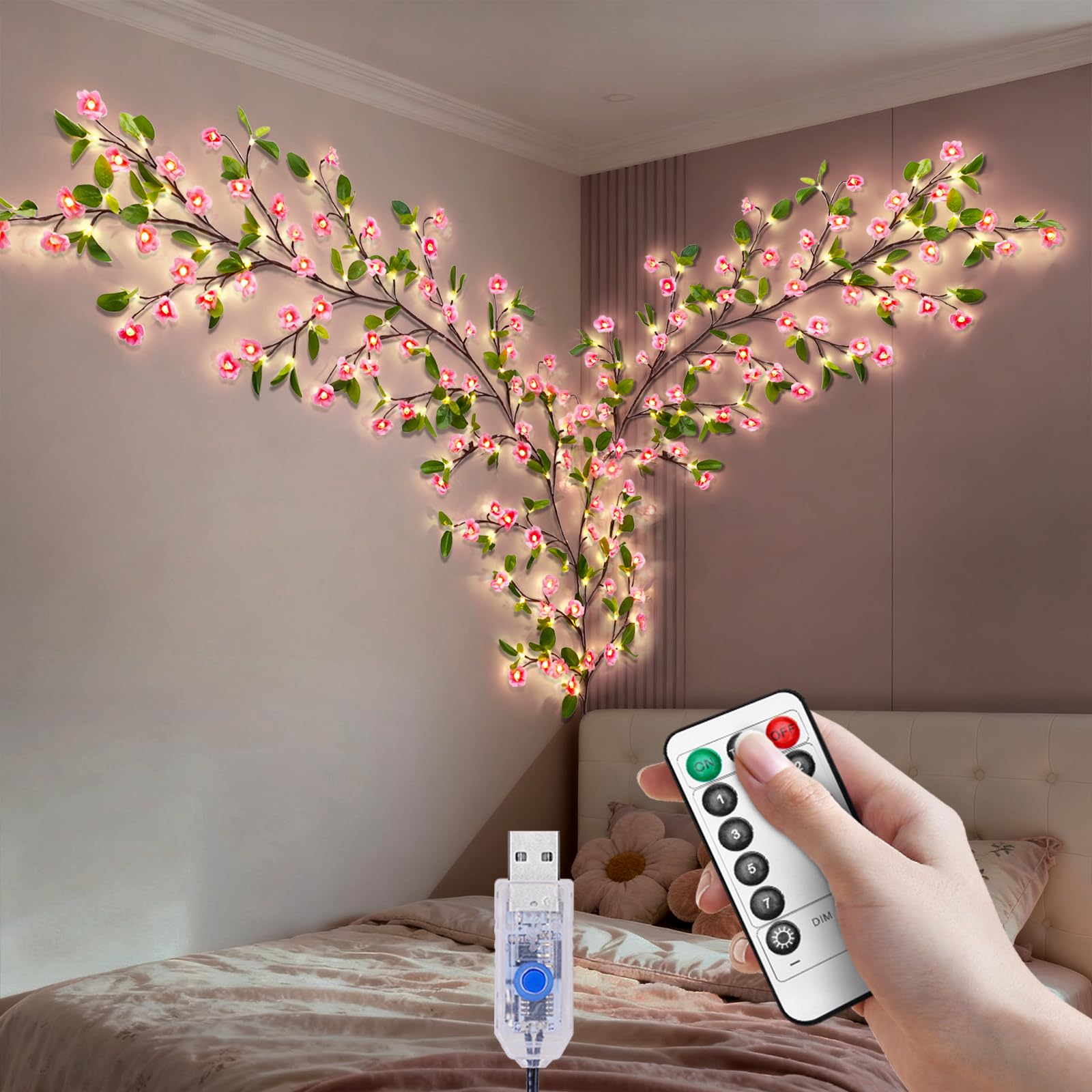 VIMAZ LED Cherry Blossom Tree Branch Lights for Wall,Cherry Blossom Light with Remote,Timer,8 Lighting Modes (2.3m 144LED(with Leaf))