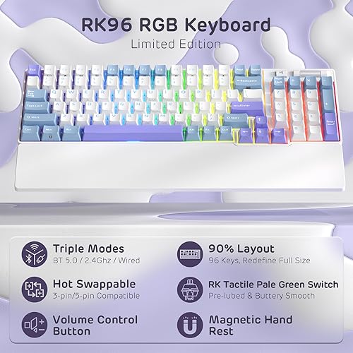 Miniatura 2 de RK ROYAL KLUDGE RK96 RGB Limited Ed, 90% 96 teclas inalámbrico 3 modos BT5.02.4GUSB-C Teclado mecánico intercambiable en caliente con reposamuñecas,
