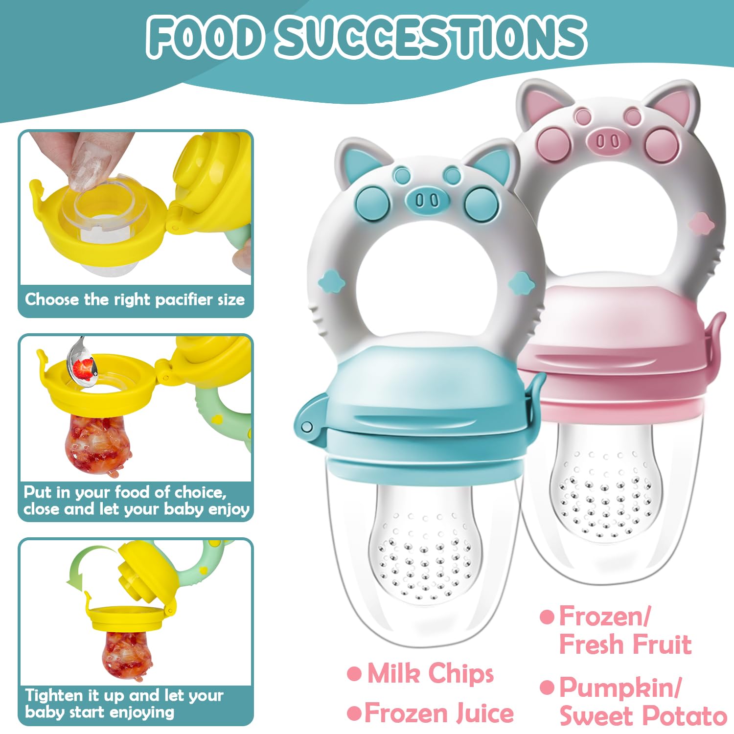 Q4U Ciuccio Per Alimenti Freschi (frutta E Verdura) In Silicone – Set Con Tettarella E Maniglia, Per Lo Svezzamento Sicuro Dei Bambini, 3 Misure (2,4 / 3,1 / 3,6 Cm), Colori Assortiti - 5