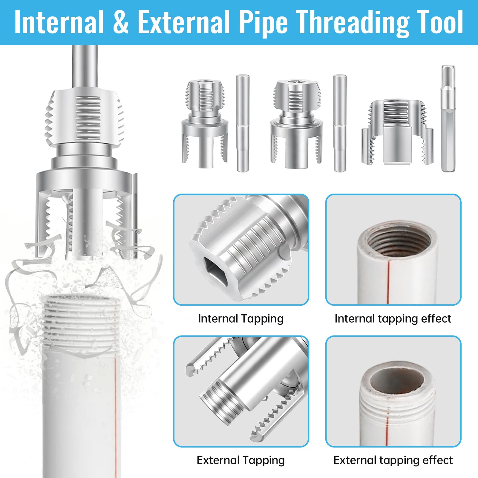 PVC Pipe Threader Tool Kit - 3 Sizes, Drill Compatible -5