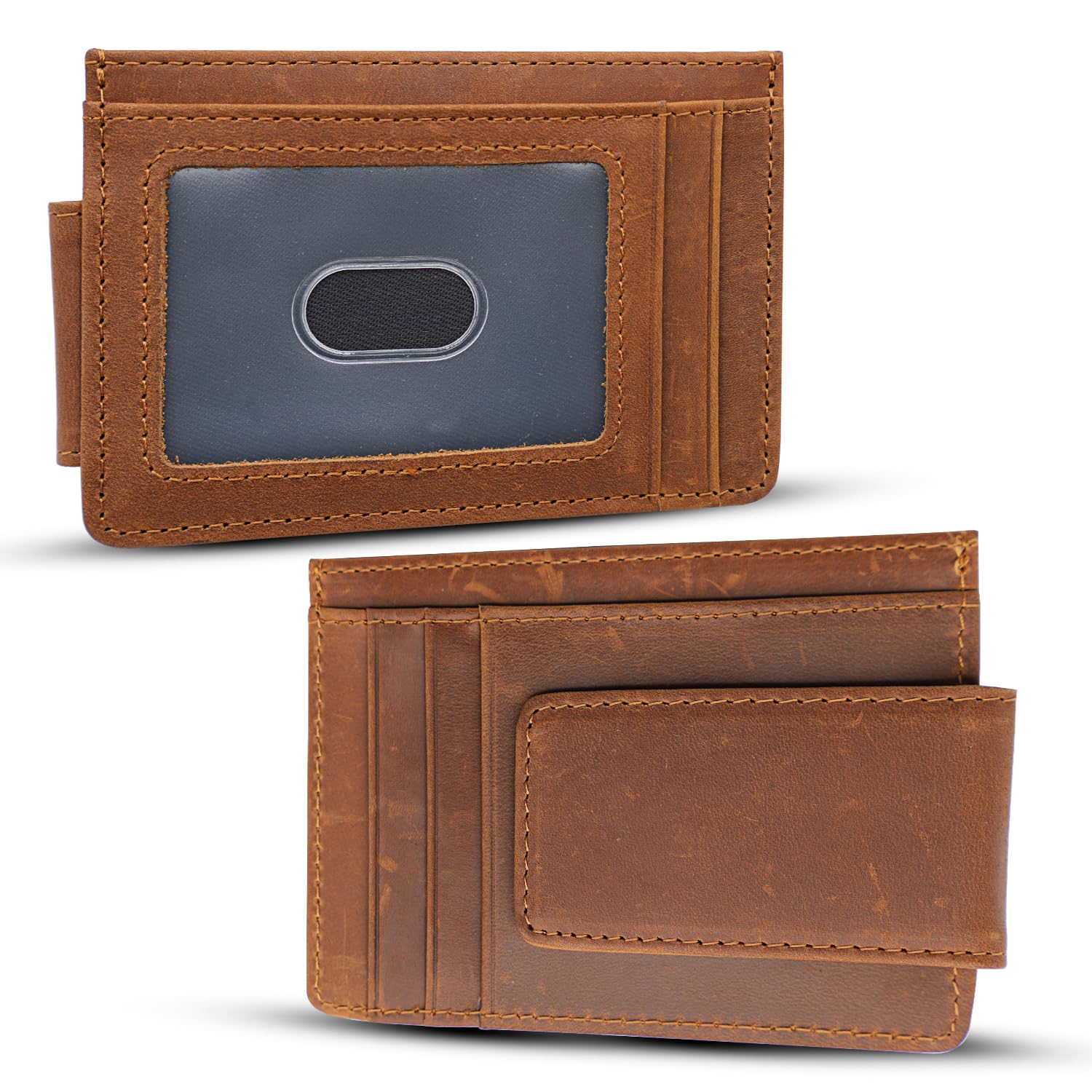 Genuine Leather Money Clip Wallet, Minimalist Mens Wallet, Strong Magnetic Clip with RFID Blocking, Card Case With Money Clip, Slim Front Pocket