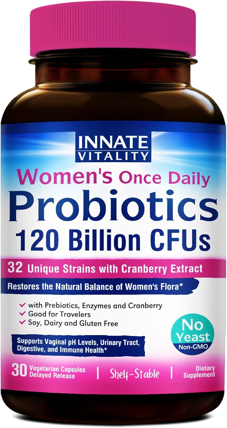 Innate Vitality Women’s Probiotics, 120 Billion CFU, 32 Tested Strains, Probiotics for Women, Yeast Control, Vaginal pH Support, Prebiotics, Digestive Enzymes, Cranberry, Once Daily 30 Veggie Capsules