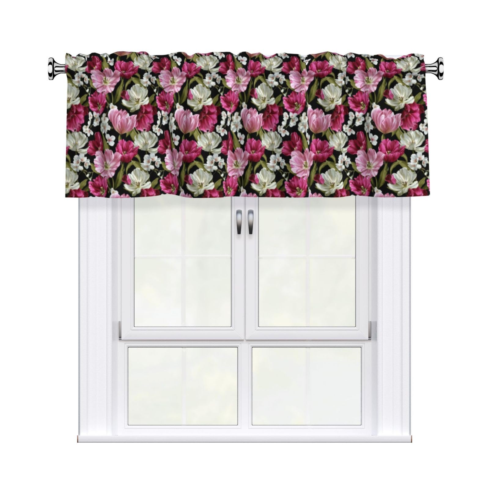 Woshuwo Tulip And White Flowers Valances For Windows Rod Pocket Window Treatment Short Curtains For Kitchen Living Room Bedroom Decor 54x18in