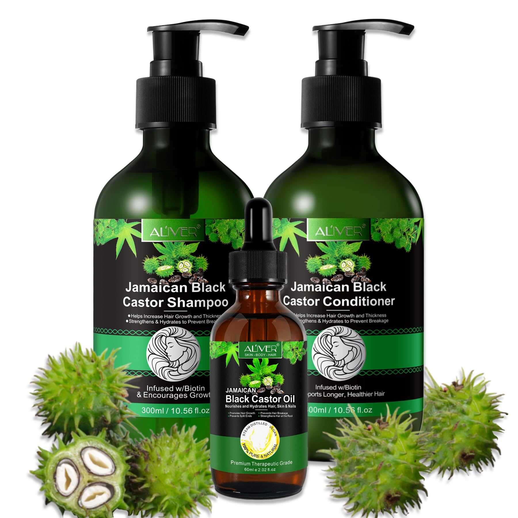 P-Beauty - Juego de 3 aceites de ricino, champú y acondicionador con biotina, crecimiento del cabello, cuidado del cuero cabelludo, champú, acondicionador y aceite para la caída del cabello, champú